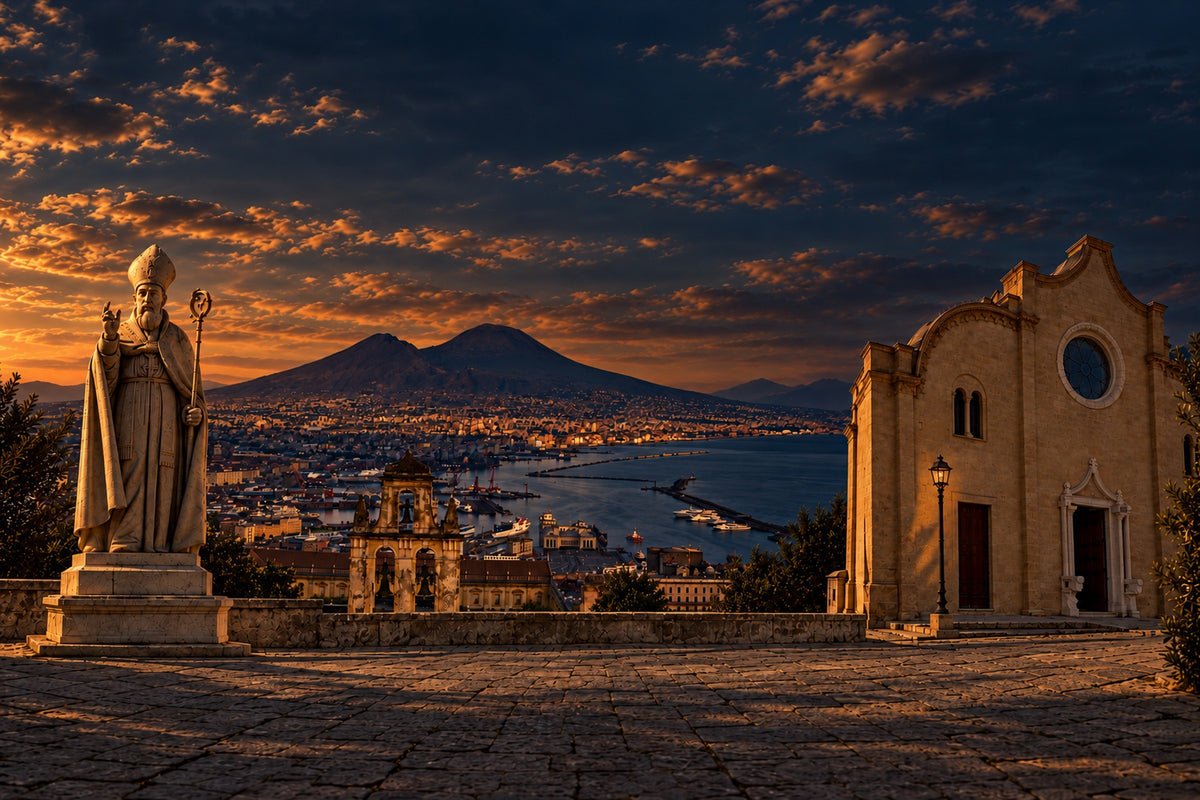 Italian heritage collage with Saint Amato, Naples and Mount Vesuvius, and a limestone church